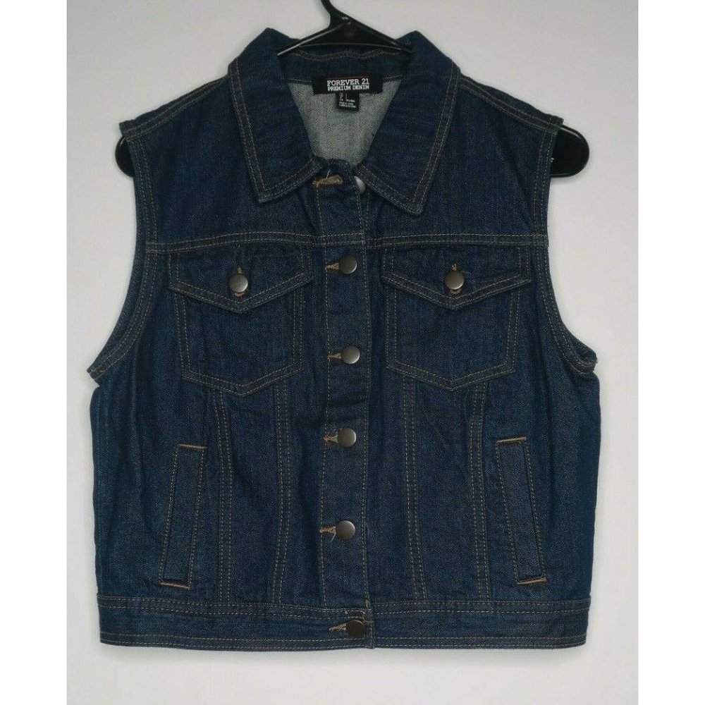 Forever 21 Women's Blue Collared Sleeveless Casual Premium Denim Vest Size Large